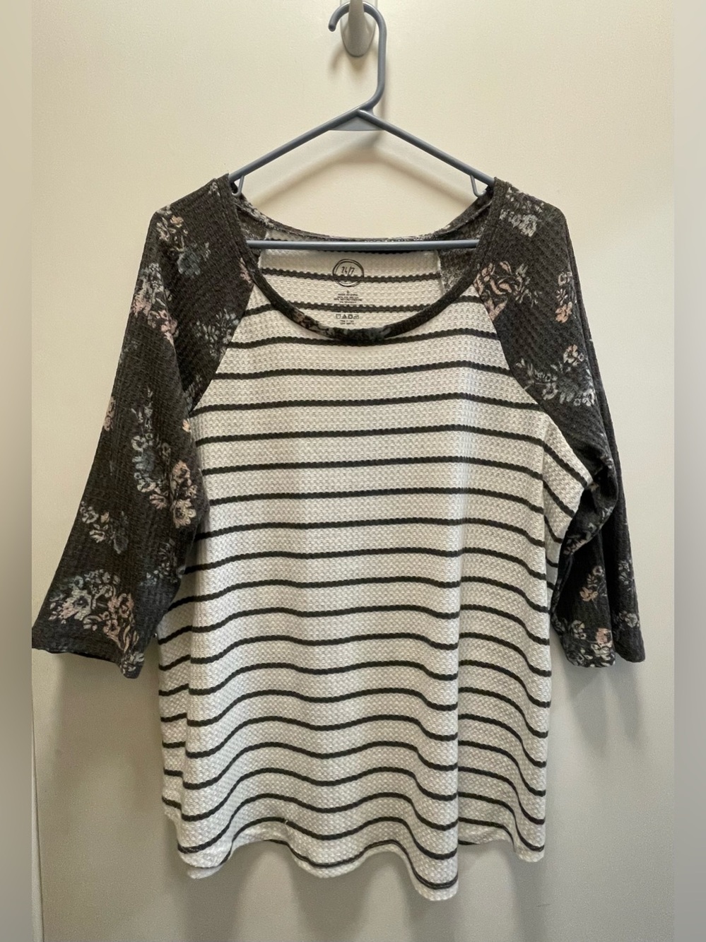 Striped Waffle Knit Raglan Top with Floral Sleeves - Black/White